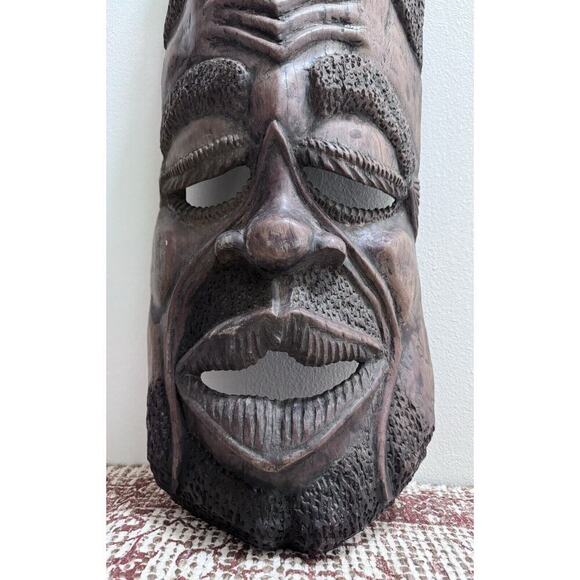 Vintage African Huge Solid Hand Carved Wood Tribal Wall Hanging Face Mask 30”. - Picture 3 of 15
